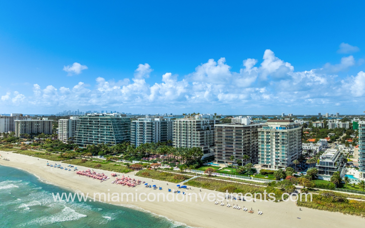 Azure drone view facing condo building on the beach