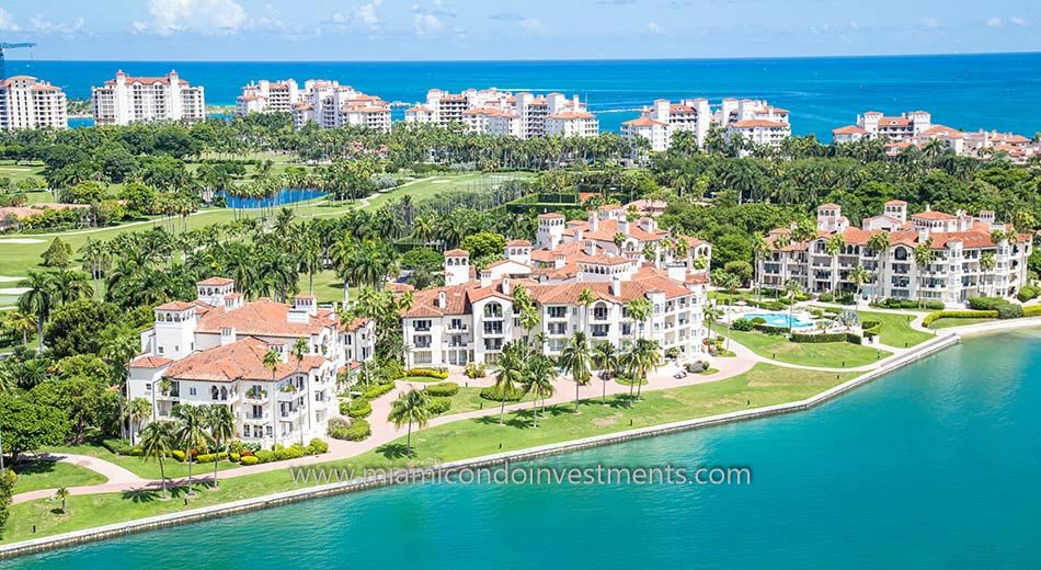 aerial of Bayside Village condos on Fisher Island