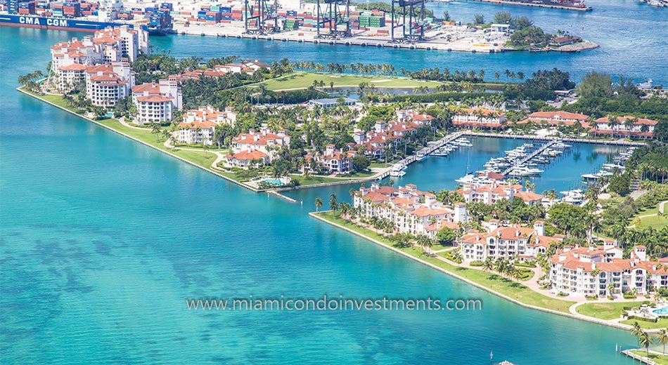 aerial photo of Bayside Village condos on Fisher Island