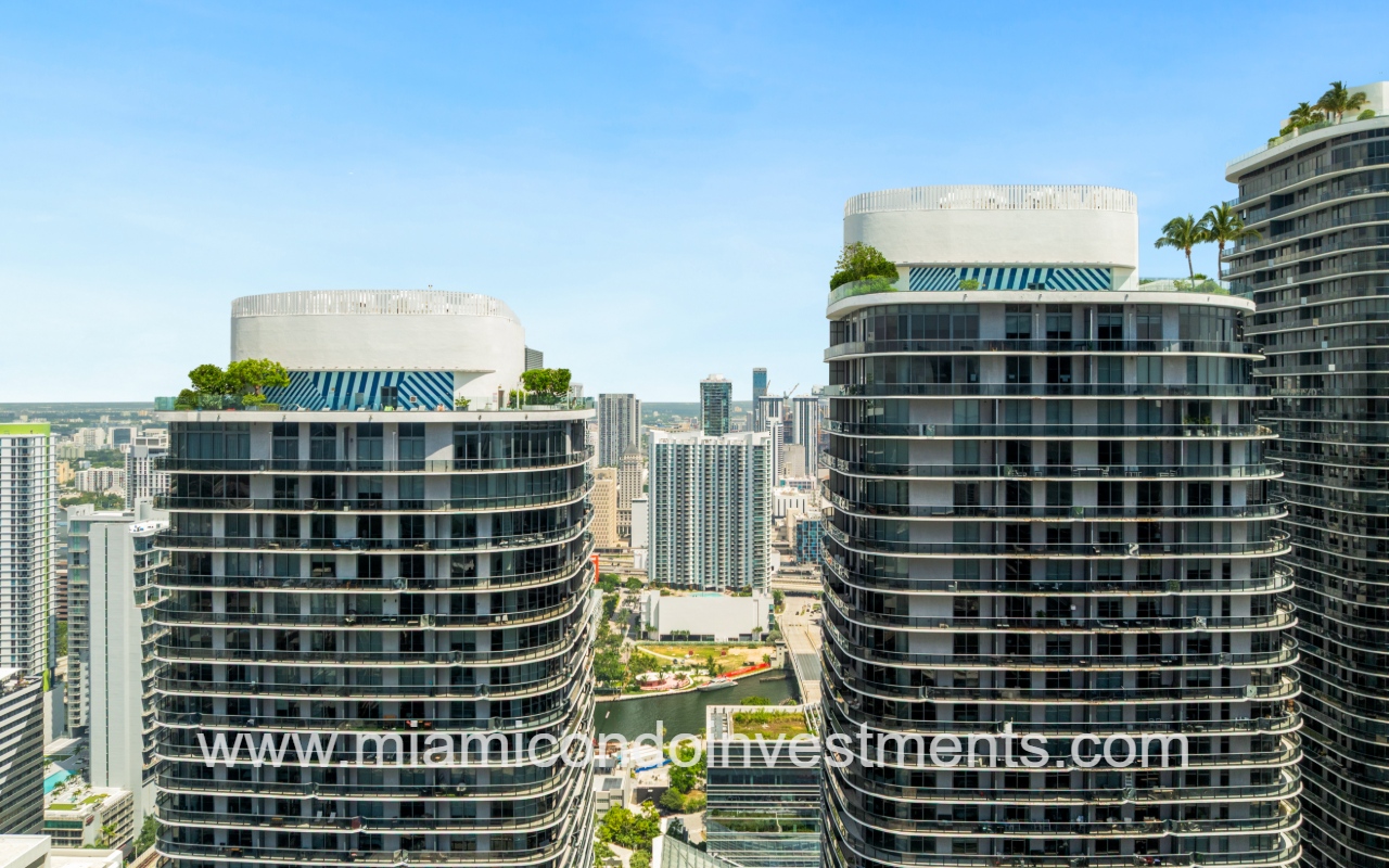 Brickell Heights East drone view closeup of top half of building exterior