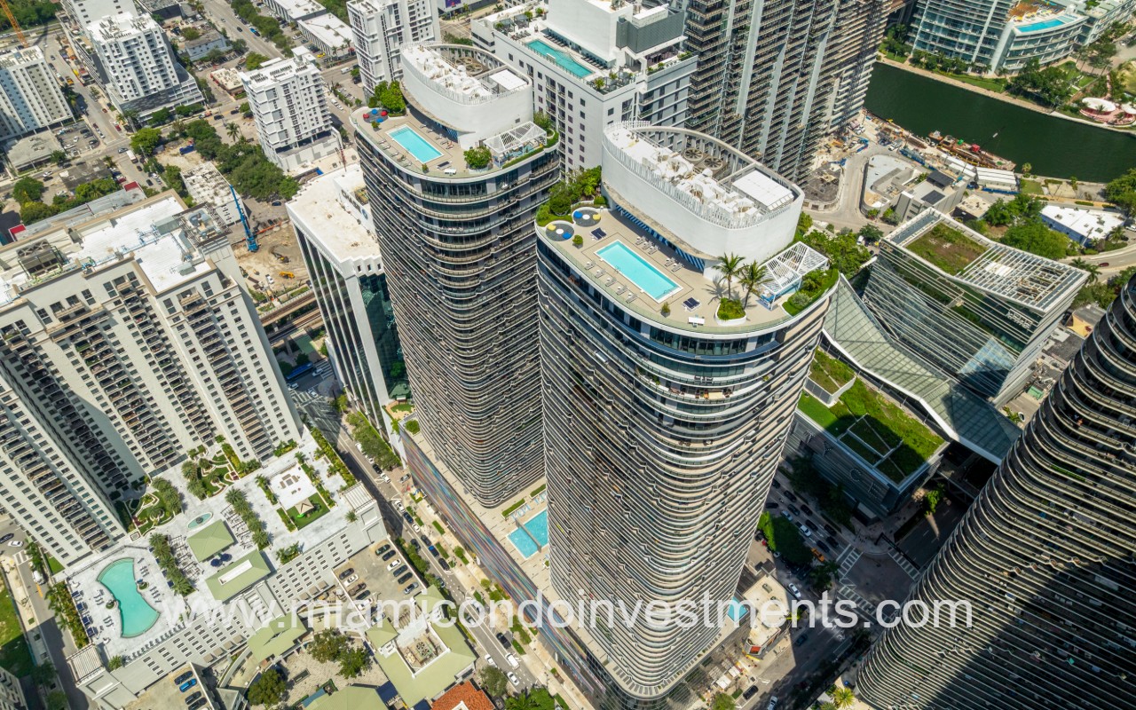 Brickell Heights East drone view overlooking condo building and rooftop pool