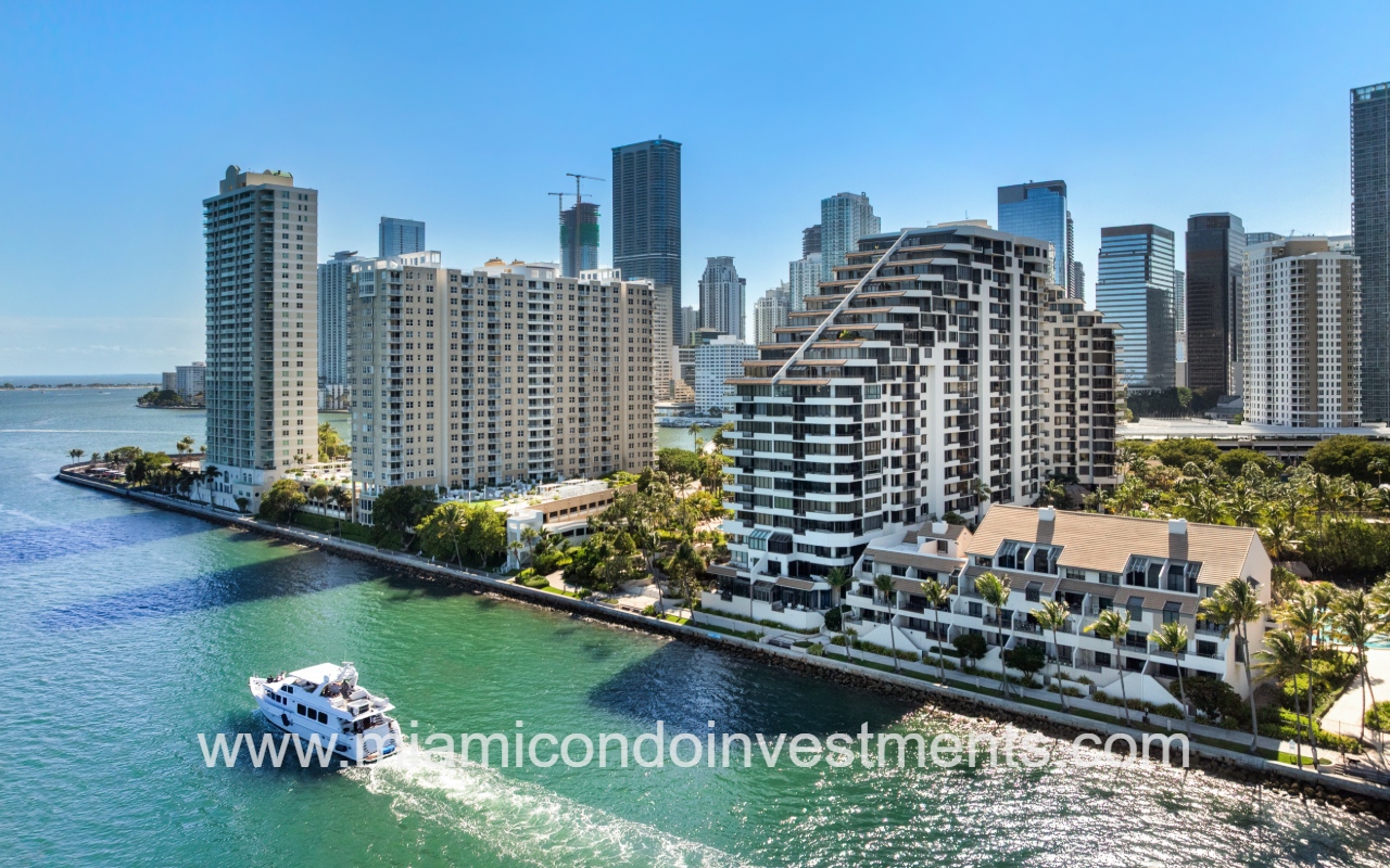 Brickell Key One drone view of building and waterway