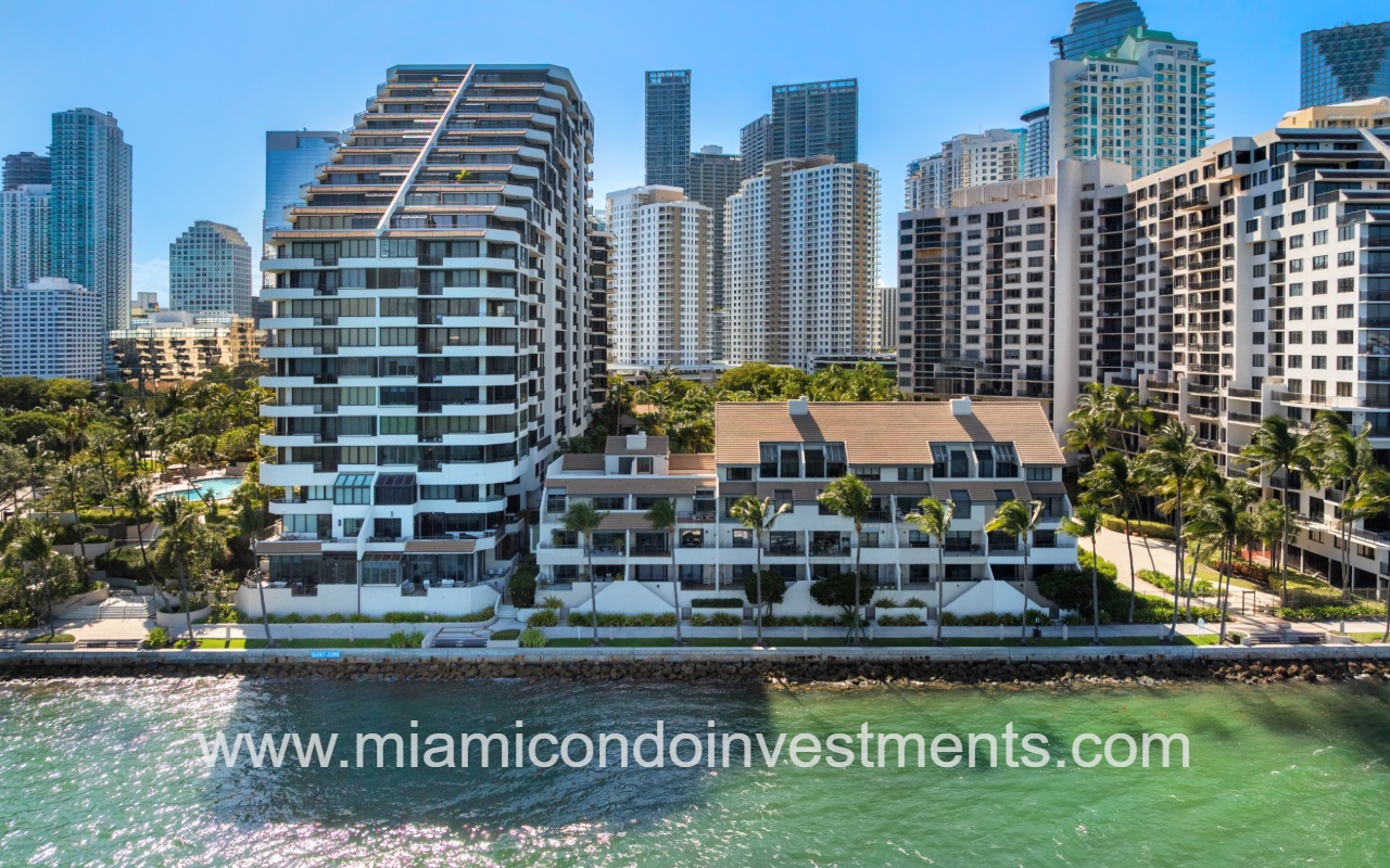 Brickell Key One drone view of building along waterway