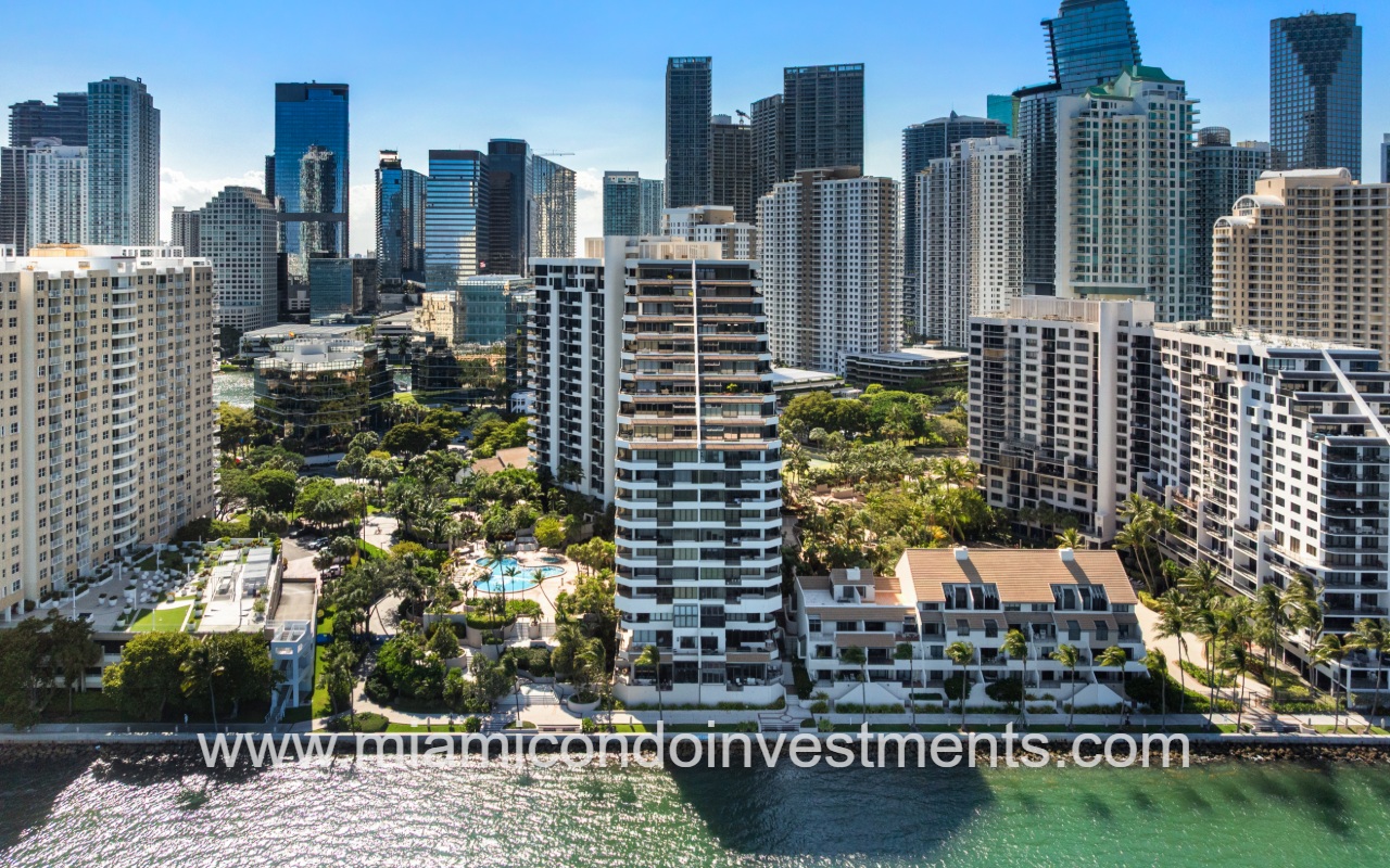 Brickell Key One aerial direct view of building and waterway