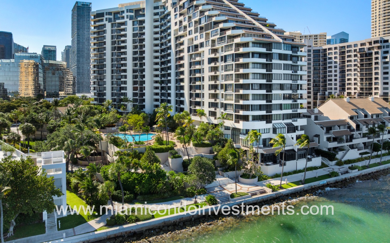 Brickell Key One drone view of building on waterway closeup