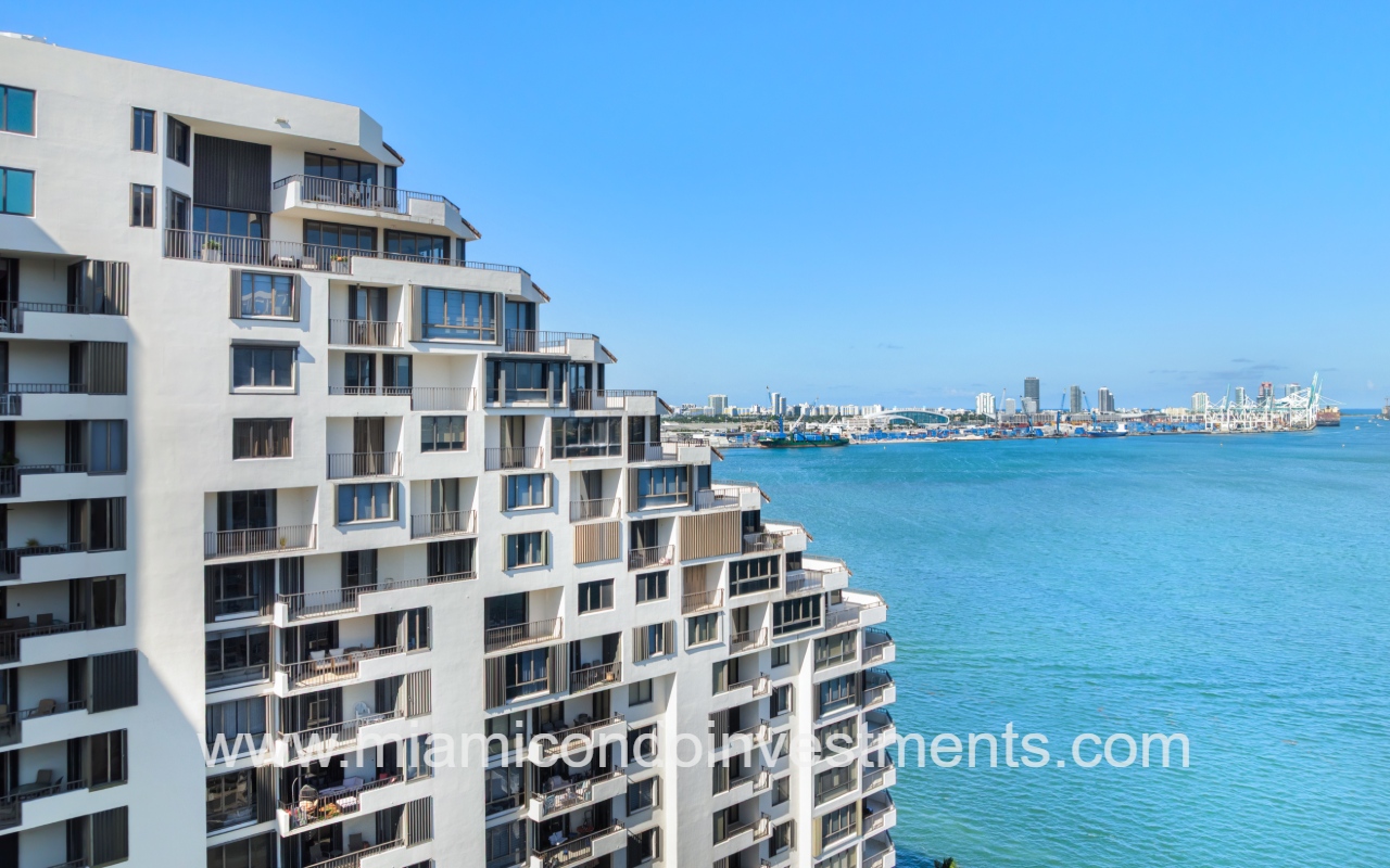 Brickell Key One drone view of top building profile