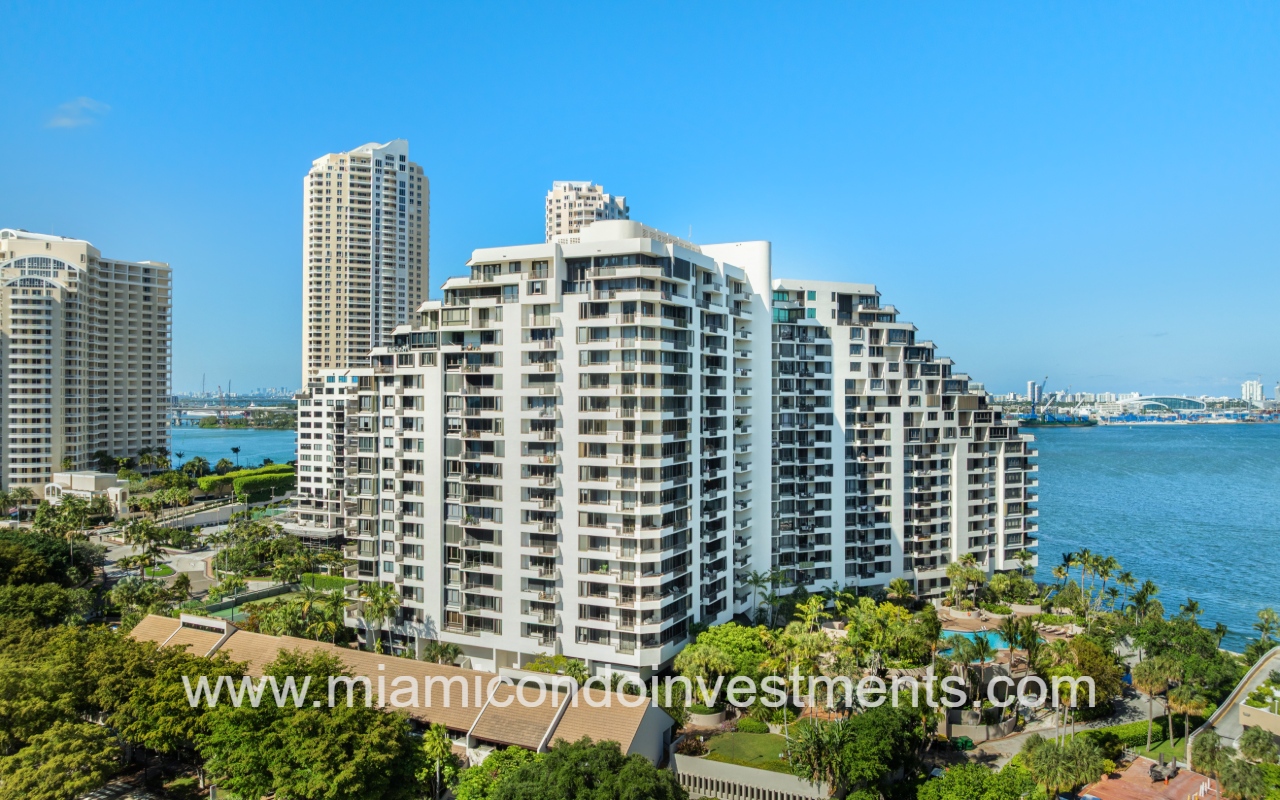 Brickell Key One drone view of building closeup