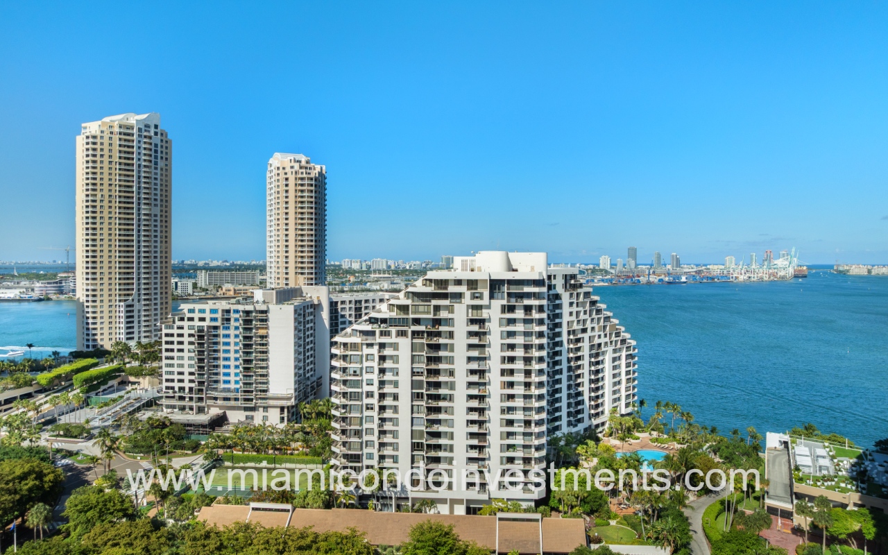 Brickell Key One drone view of building