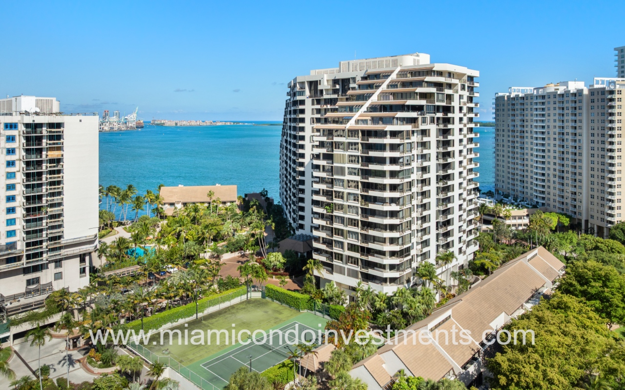 Brickell Key One drone facing building angle with waterfront backdrop
