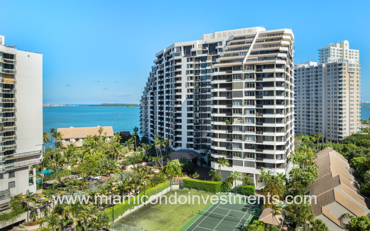 Brickell Key One drone view of building and tennis court