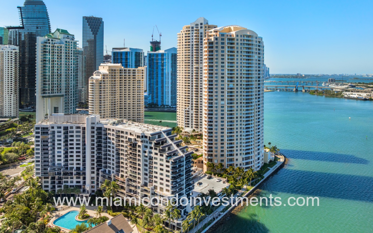 Brickell Key Two drone of building on waterway