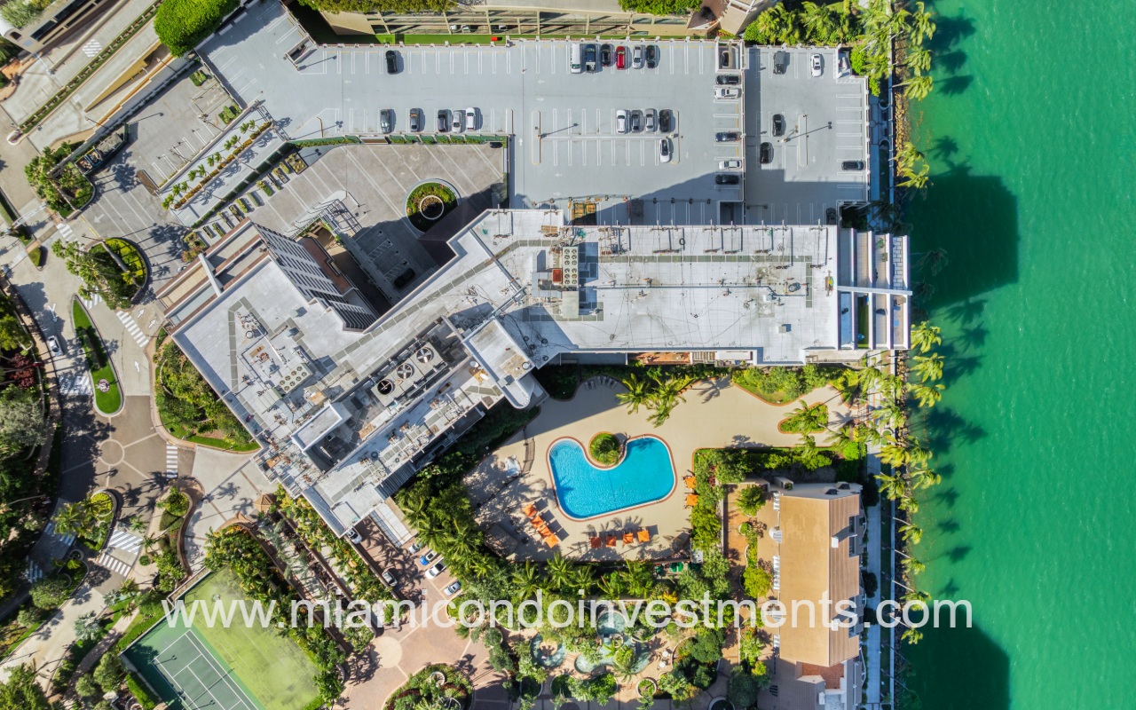 Brickell Key Two drone of building rooftop and pool