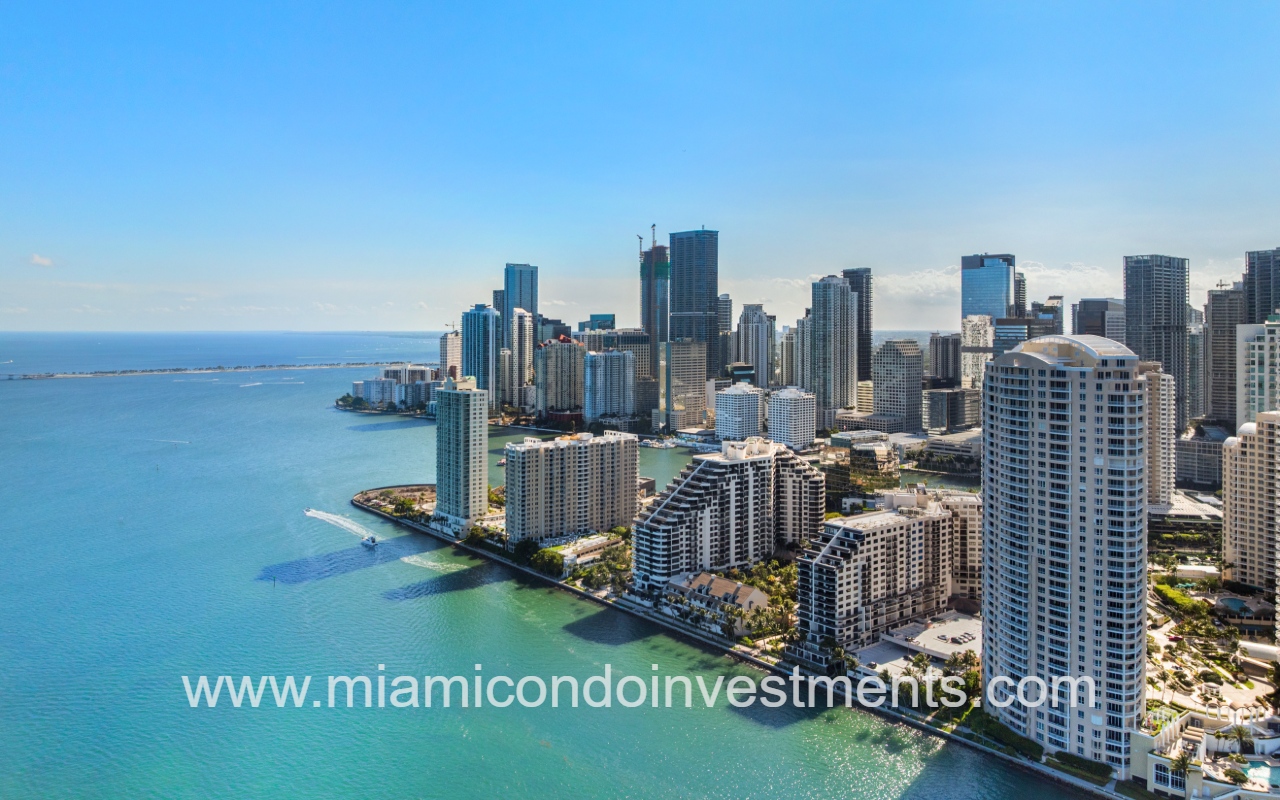 Brickell Key Two drone of condo building and waterway area