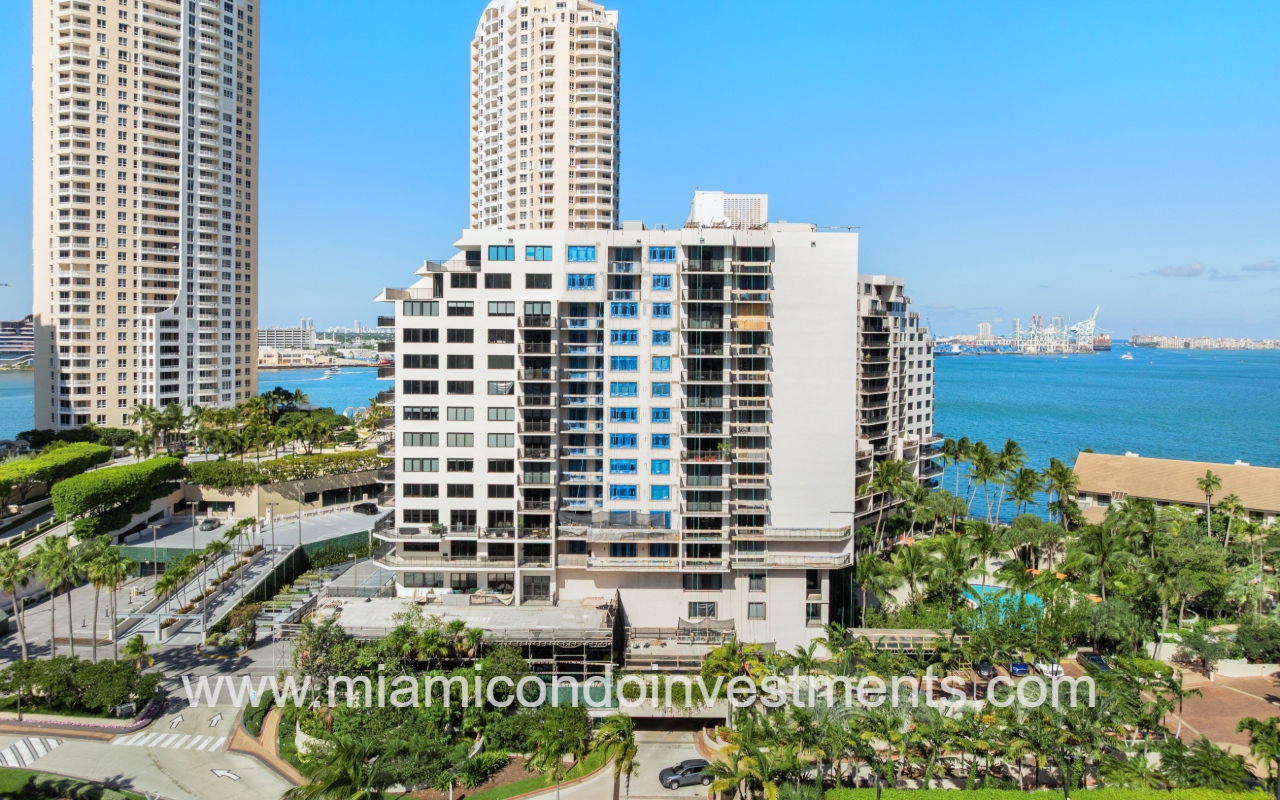 Brickell Key Two drone facing side of condo building