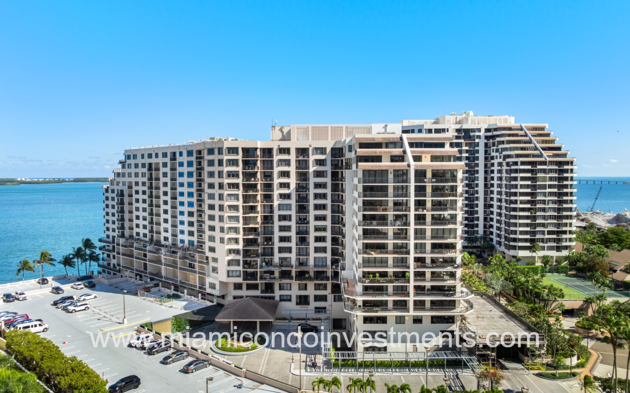 Brickell Key Two drone facing front of condo building closeup