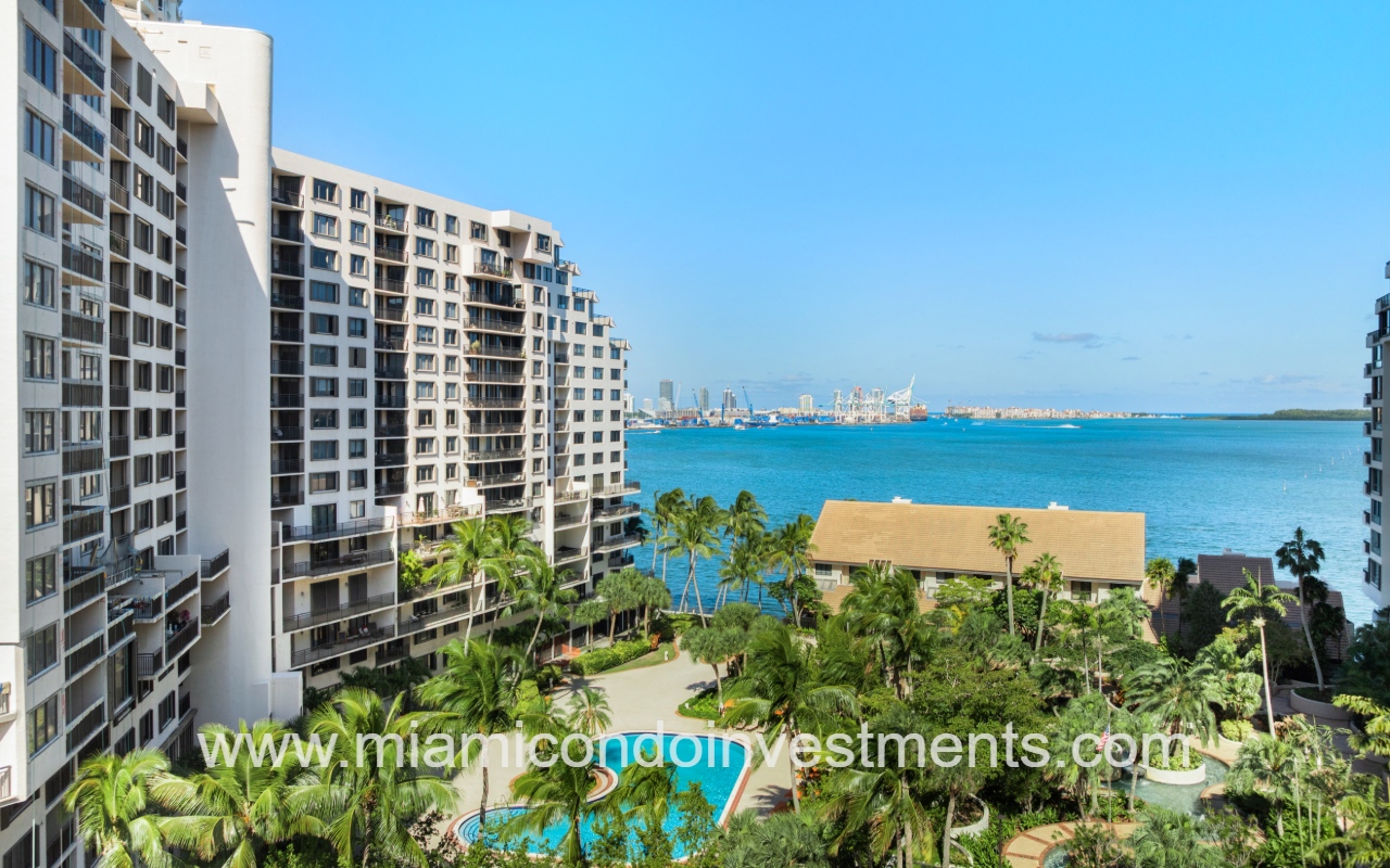 Brickell Key Two condo building with pool and waterfront view
