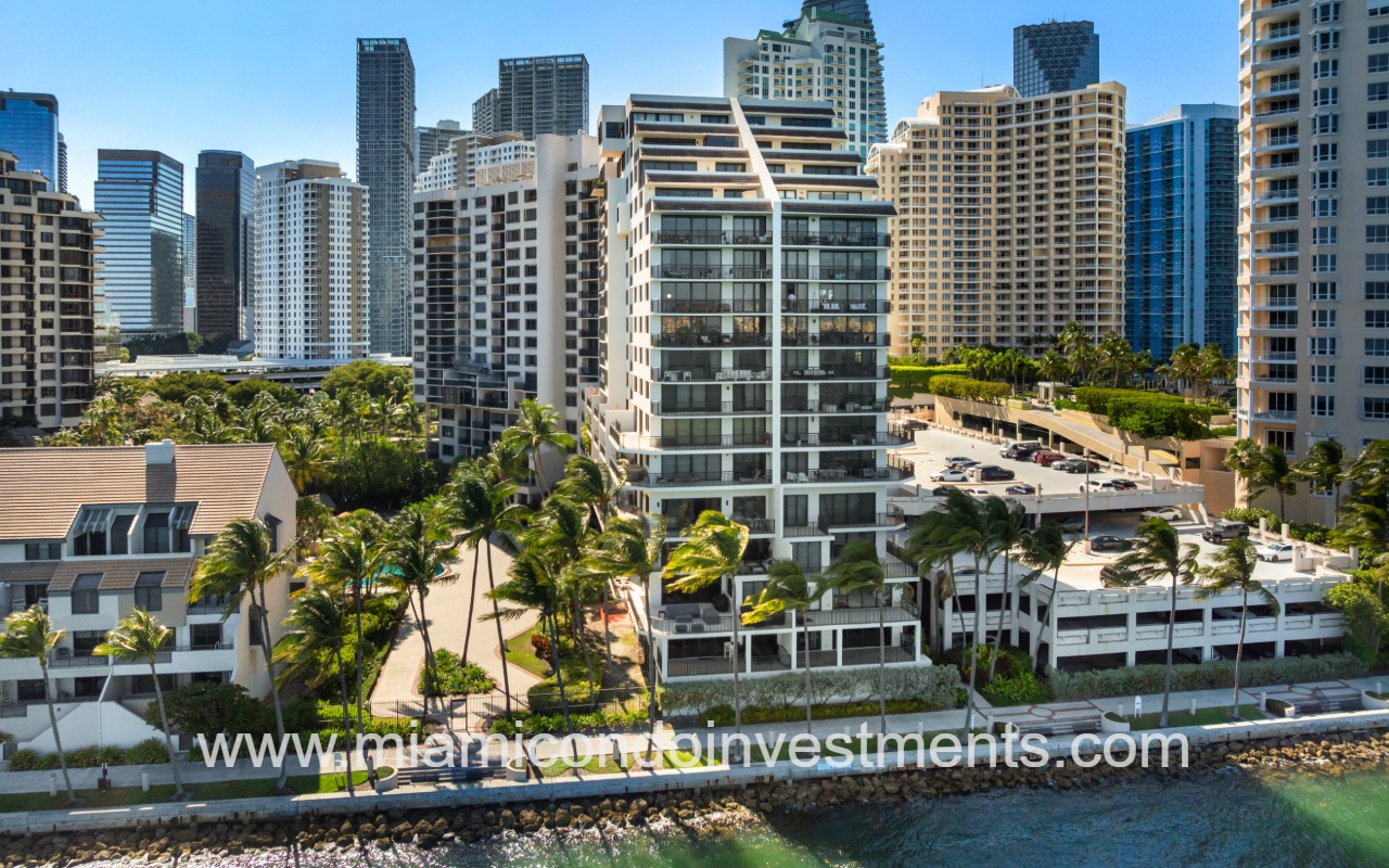 Brickell Key Two drone facing condo building and waterfront