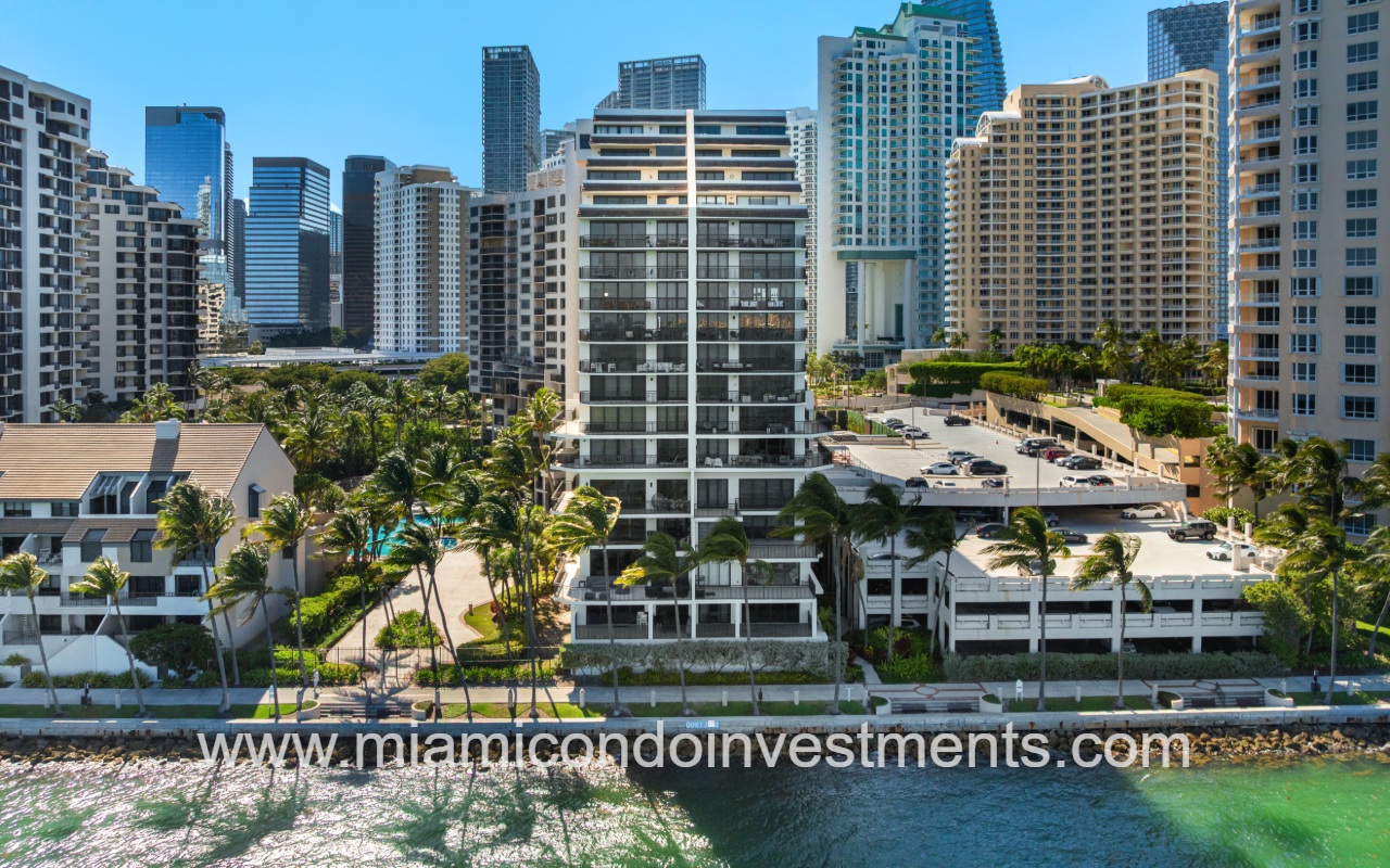 Brickell Key Two drone direct view of condo building and waterfront