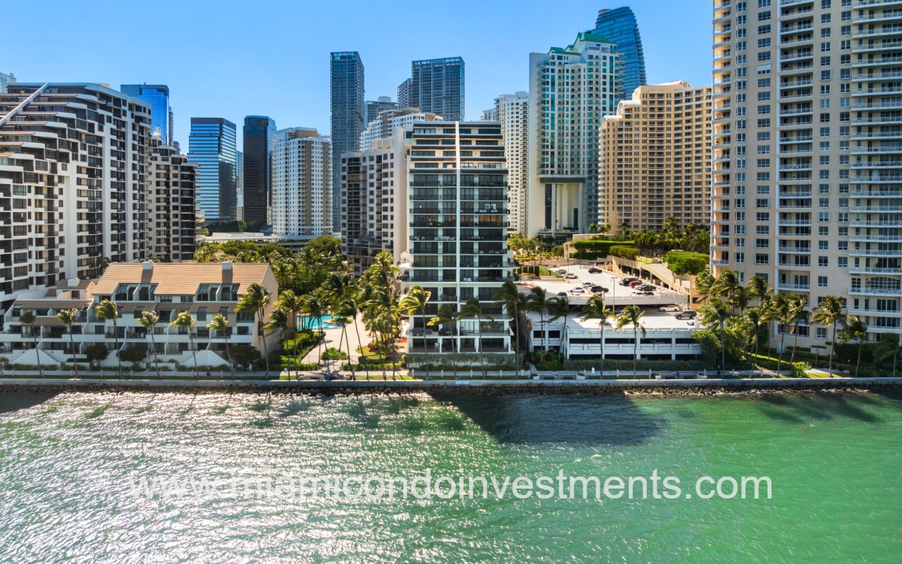 Brickell Key Two drone direct view of condo on waterfront