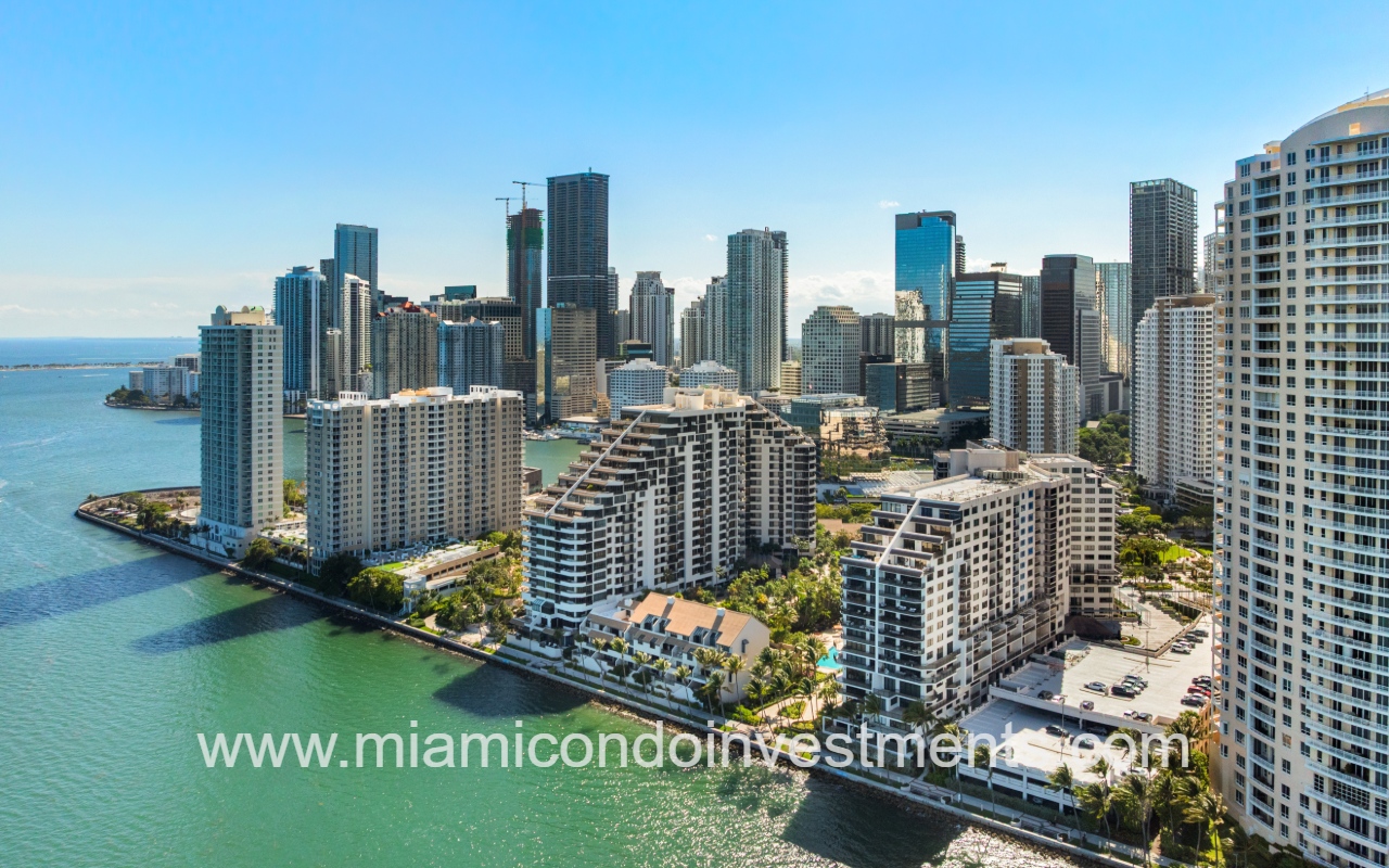 Brickell Key Two drone of condo building and surrounding