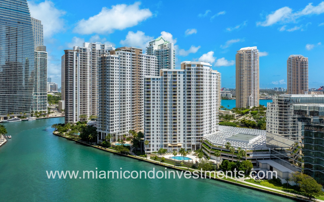 Courvoisier Courts drone view of building from above waterway