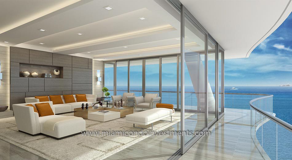 living room and views from Fendi Chateau in Surfside