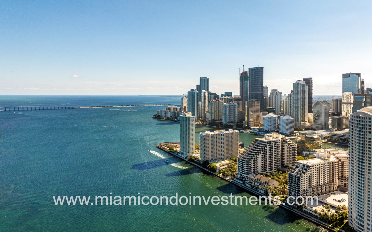 Isola drone view of condo buildings and area along the Biscayne Bay