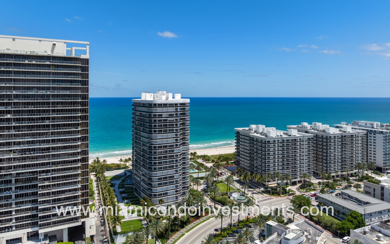 Majestic Tower drone view of condo building with blue ocean backdrop