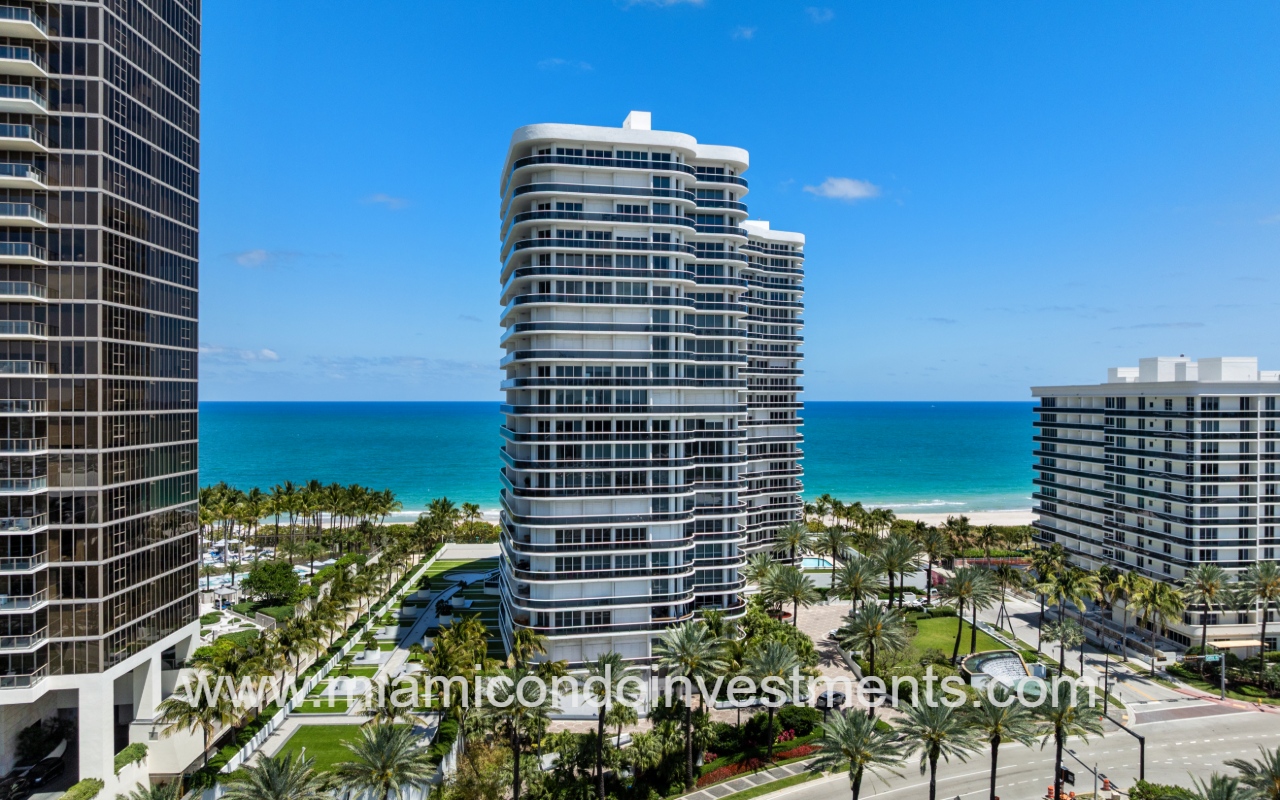 Majestic Tower drone facing condo building with blue ocean backdrop