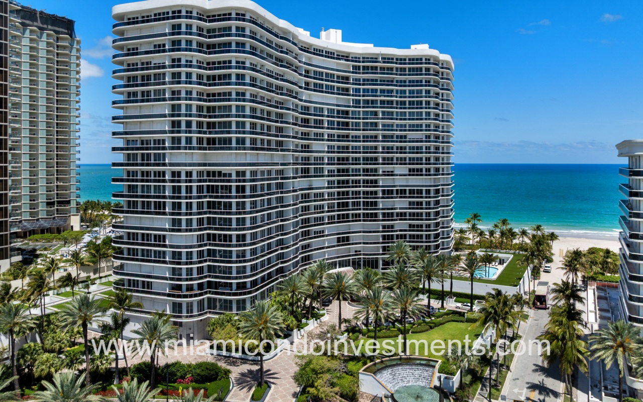 Majestic Tower drone closeup of front of condo building
