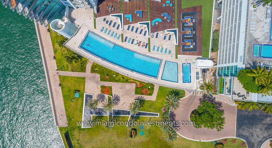 aerial photo of Mint at Riverfront condos pool deck