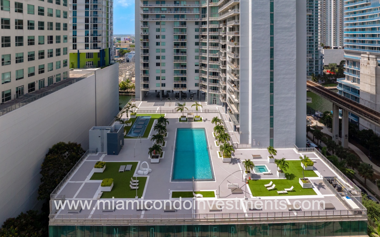Neo Vertika drone closeup side view of pool deck area