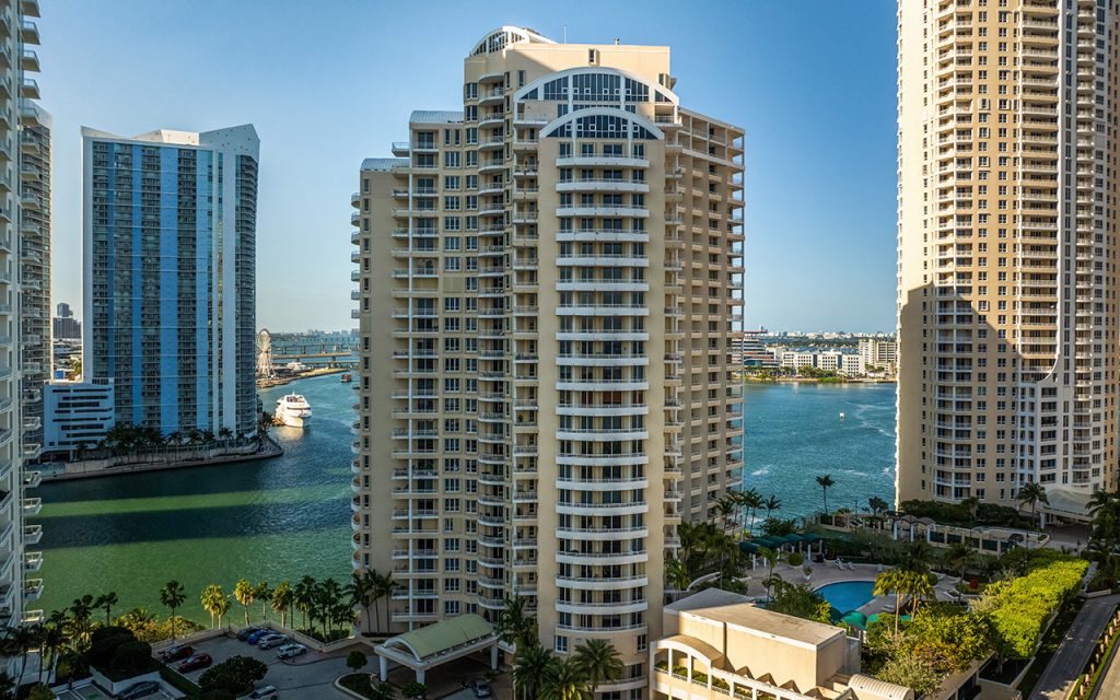 One Tequesta Point drone facing condo building on waterfront