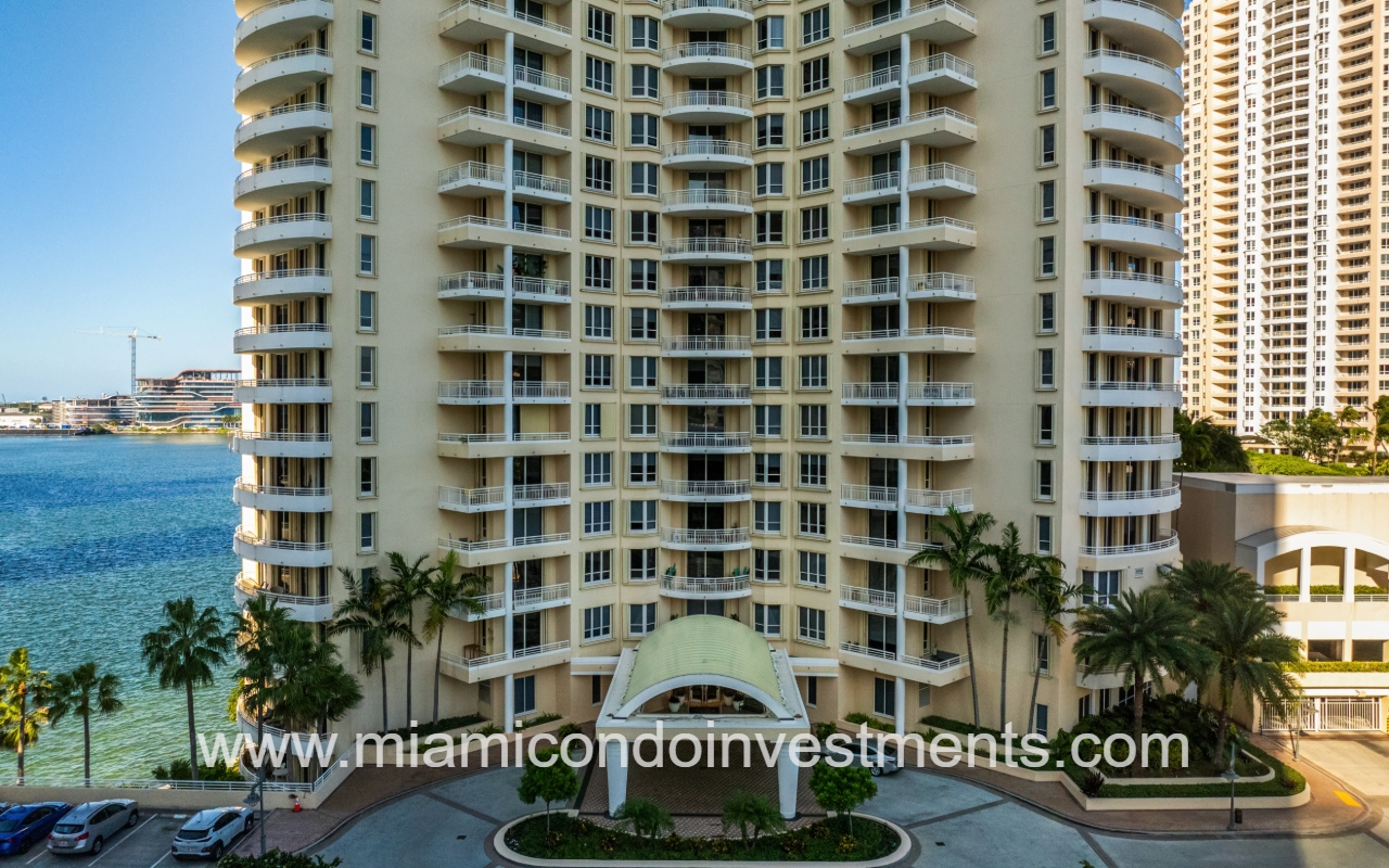 One Tequesta Point drone closeup of condo building front entry