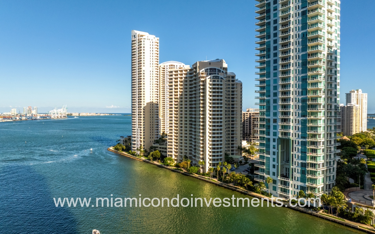 One Tequesta Point drone view of condo building from across waterway