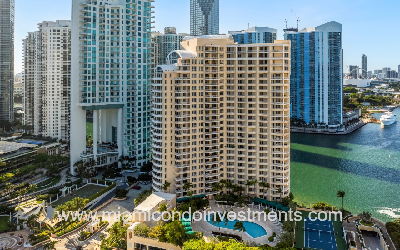 One Tequesta Point drone facing condo building and pool