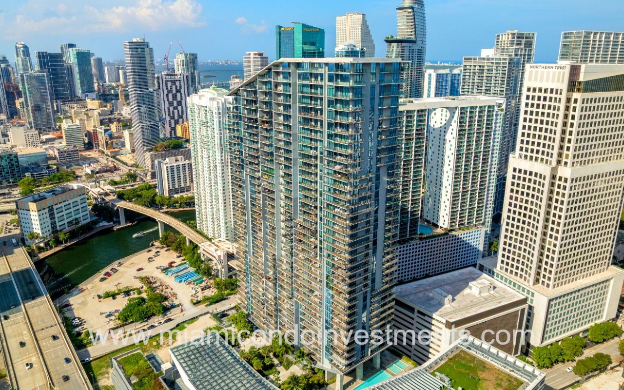 Drone shot showing Reach Brickell City Centre and surrounding Brickell neighborhood