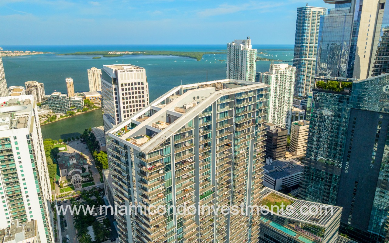 Wide aerial view of Reach Brickell City Centre amid Brickell Miami skyline