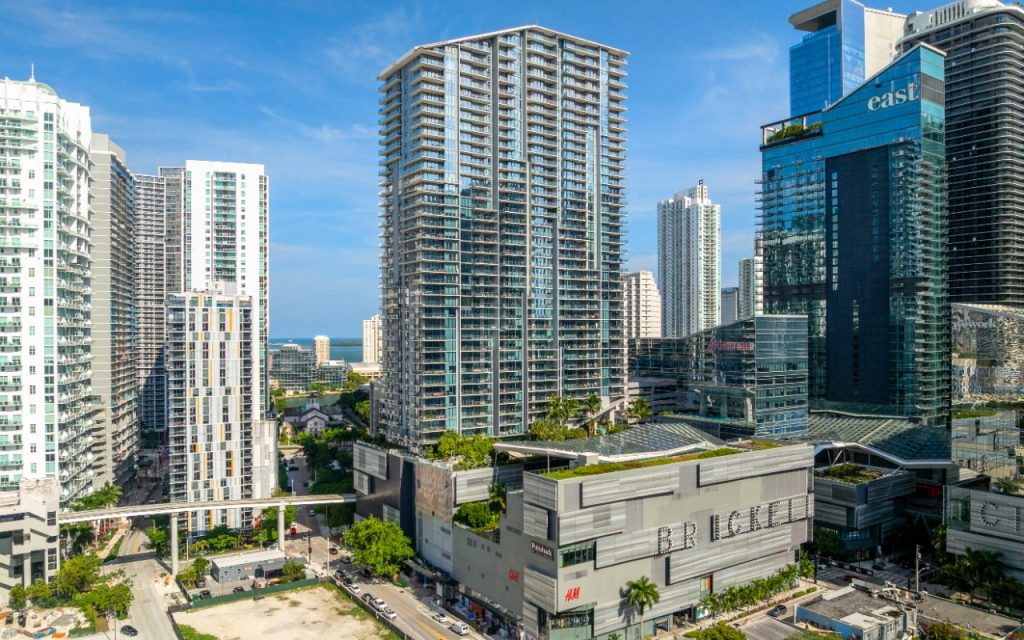 Aerial drone view of Reach Brickell City Centre luxury condominiums in Miami