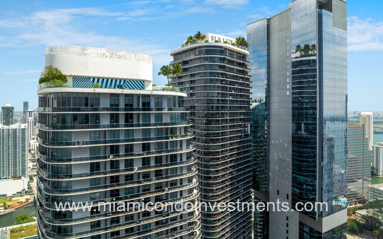 SLS Lux drone view of the condo building and surrounding buildings