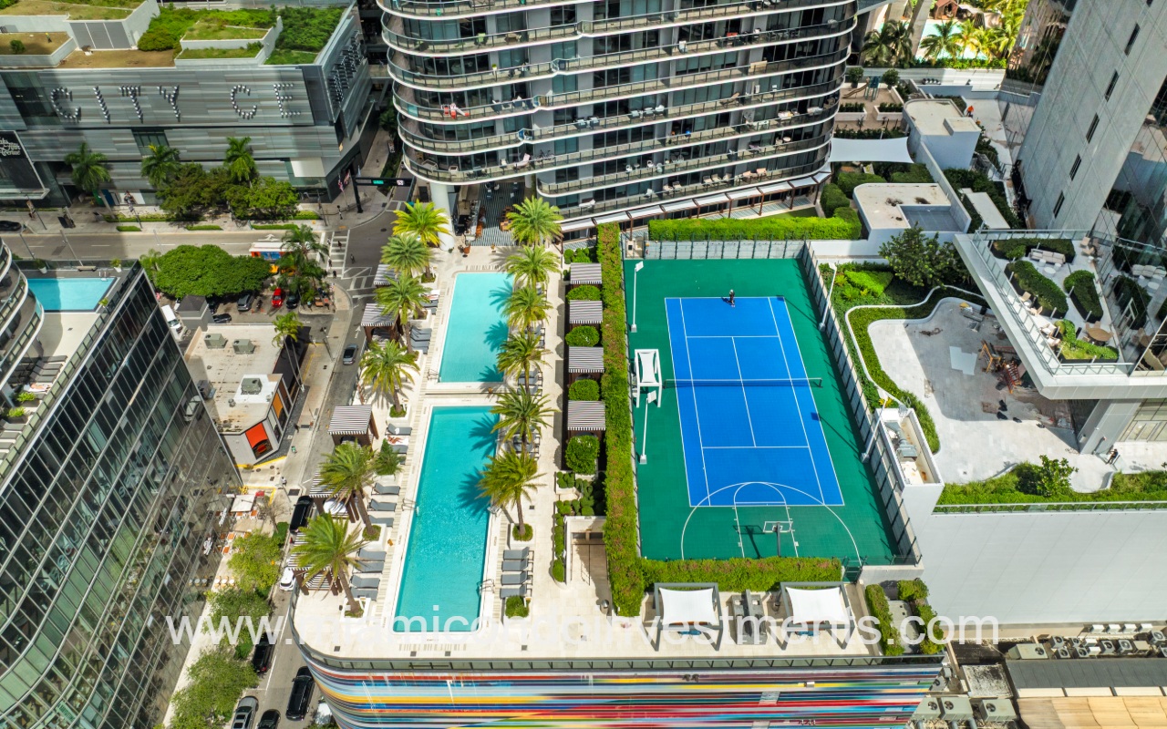 SLS Lux drone top down view of outdoor amenities