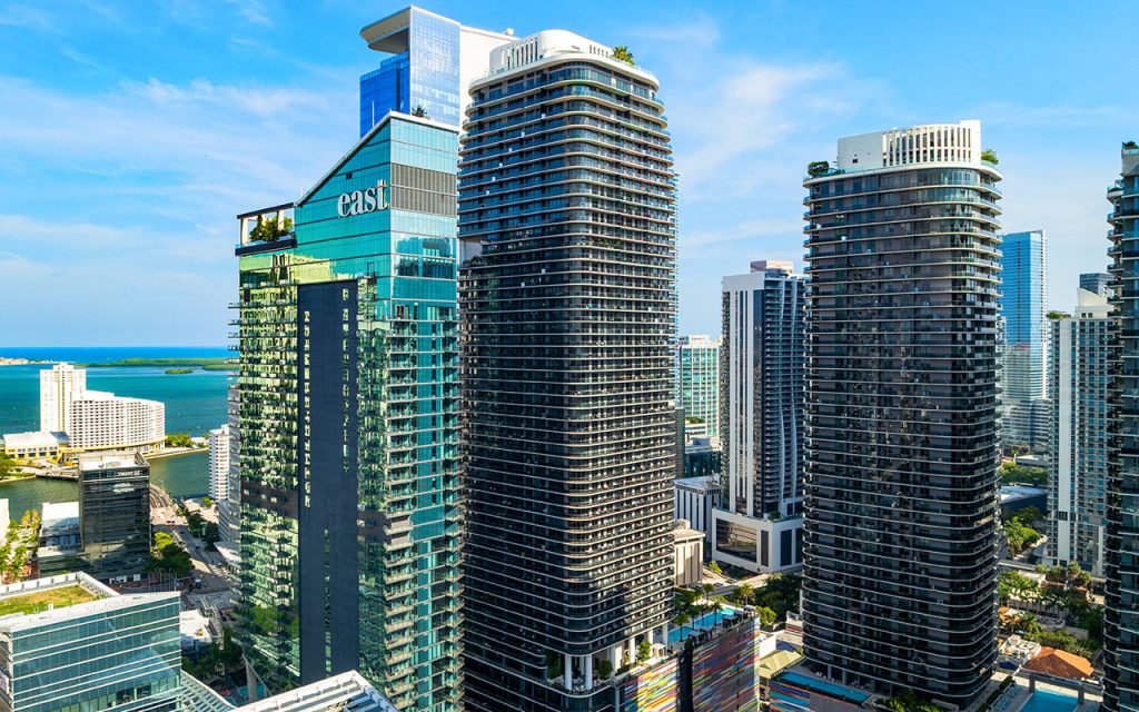 SLS Lux drone angle view facing condo building