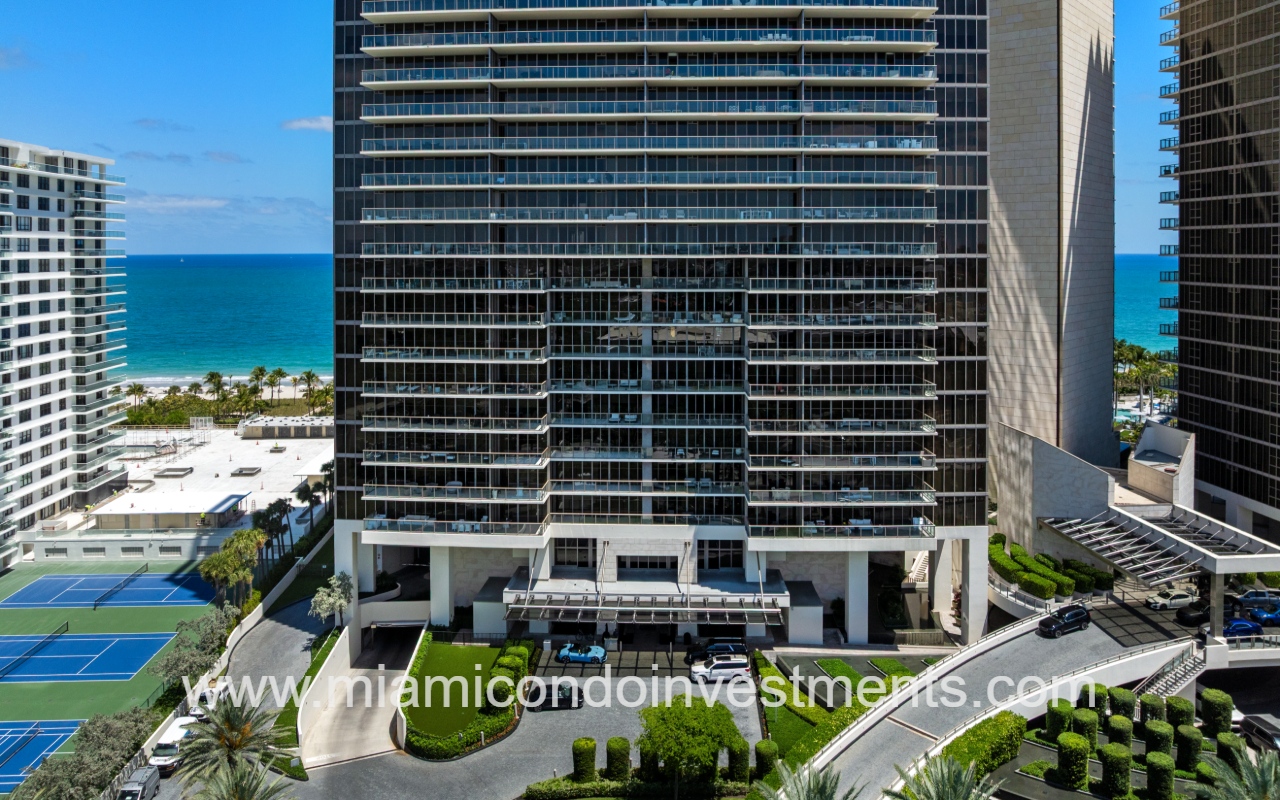 St. Regis Bal Harbour North drone view of condo building exterior entry closeup