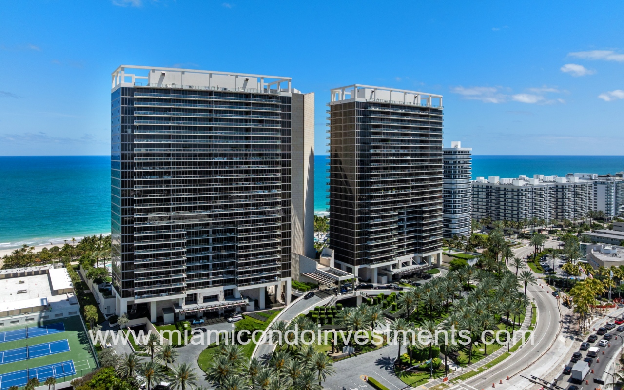 St. Regis Bal Harbour North drone view of condo building exterior and entry