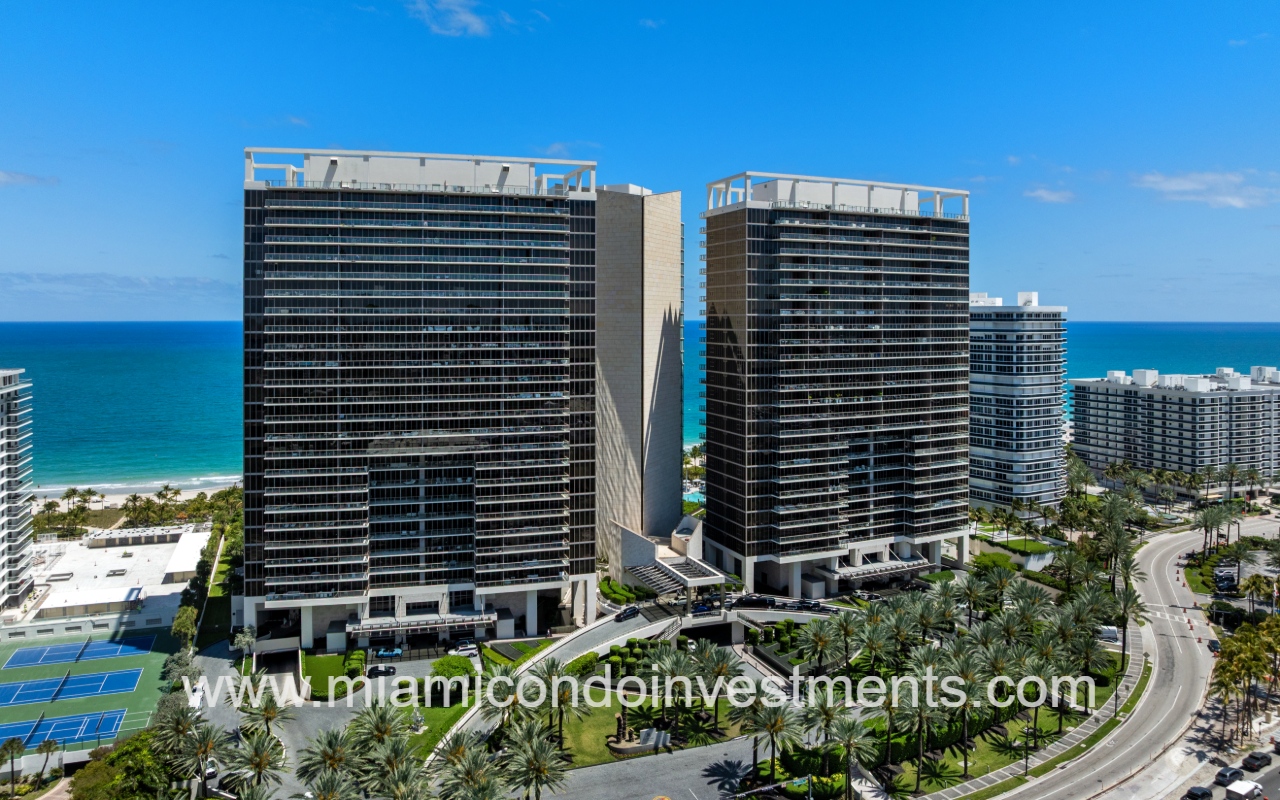 St. Regis Bal Harbour North drone view facing condo building exterior