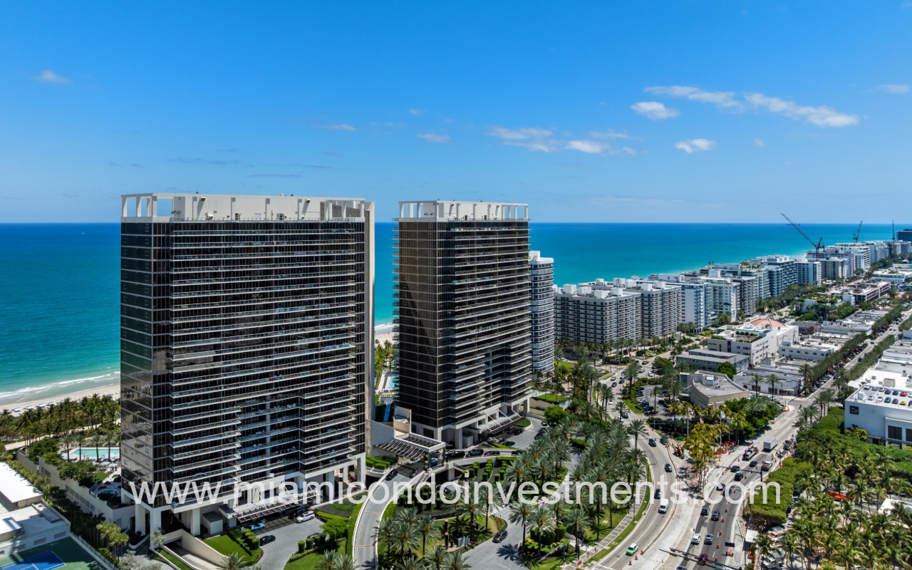 St. Regis Bal Harbour North drone view facing front of condo building and street