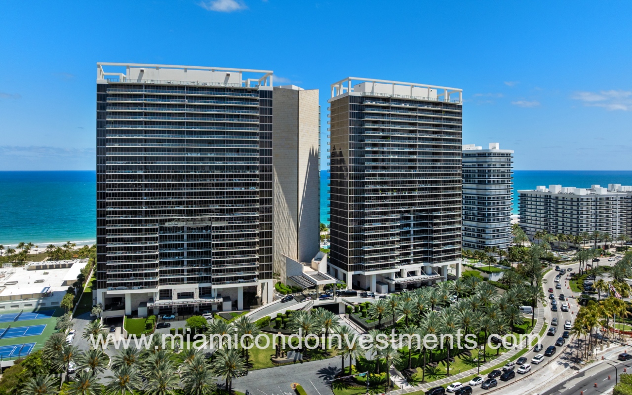 St. Regis Bal Harbour North drone view facing front of condo building