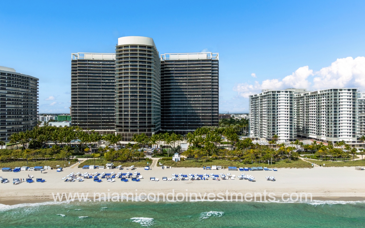 St. Regis Bal Harbour North drone view of building from above the ocean