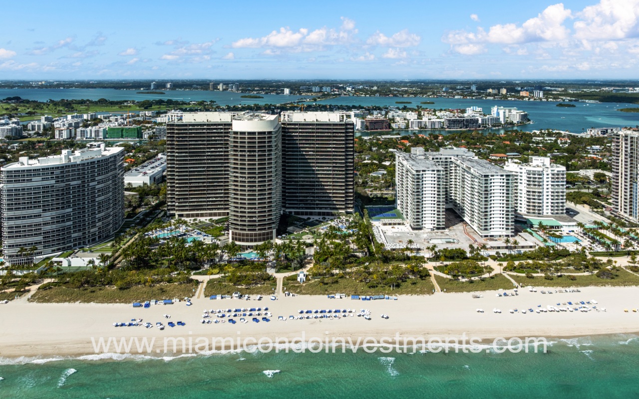 St. Regis Bal Harbour aerial view of building from above the ocean