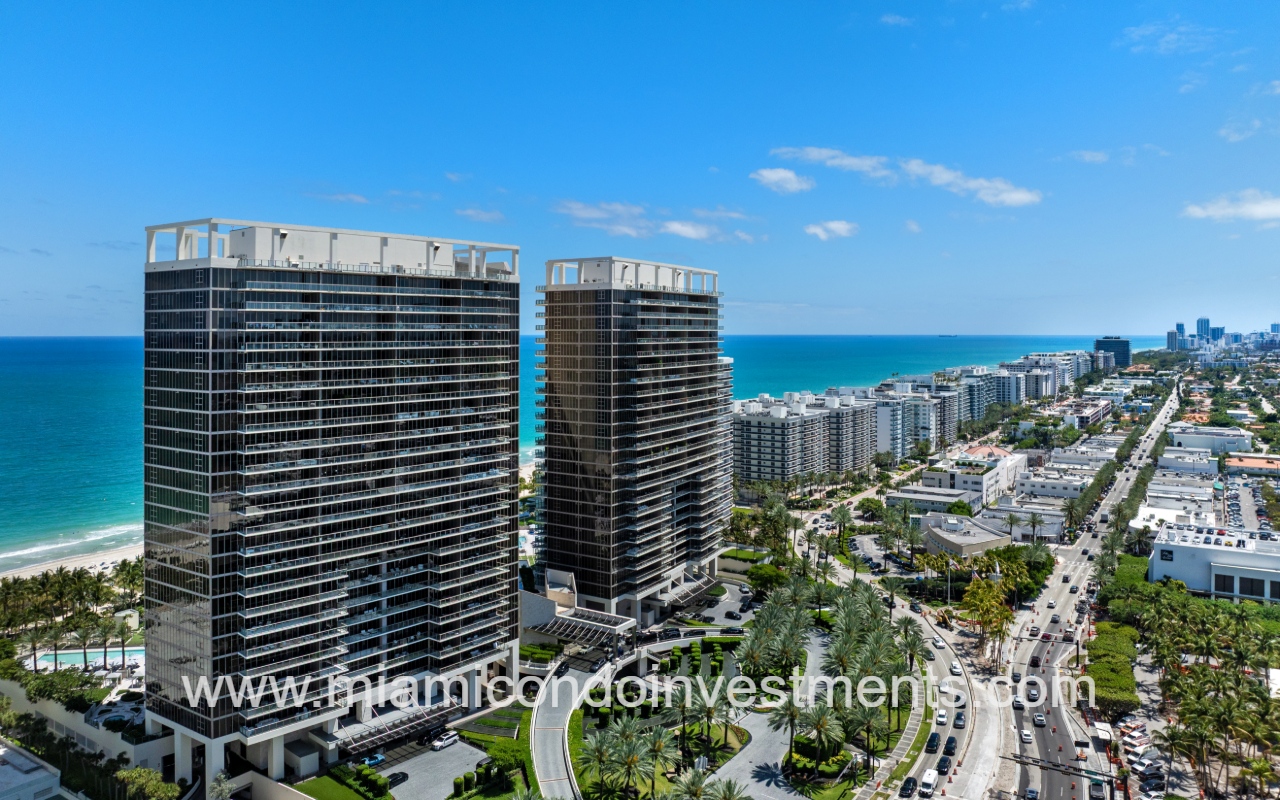 St. Regis Bal Harbour South drone of condo building and southward view